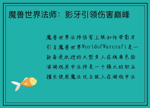魔兽世界法师：影牙引领伤害巅峰